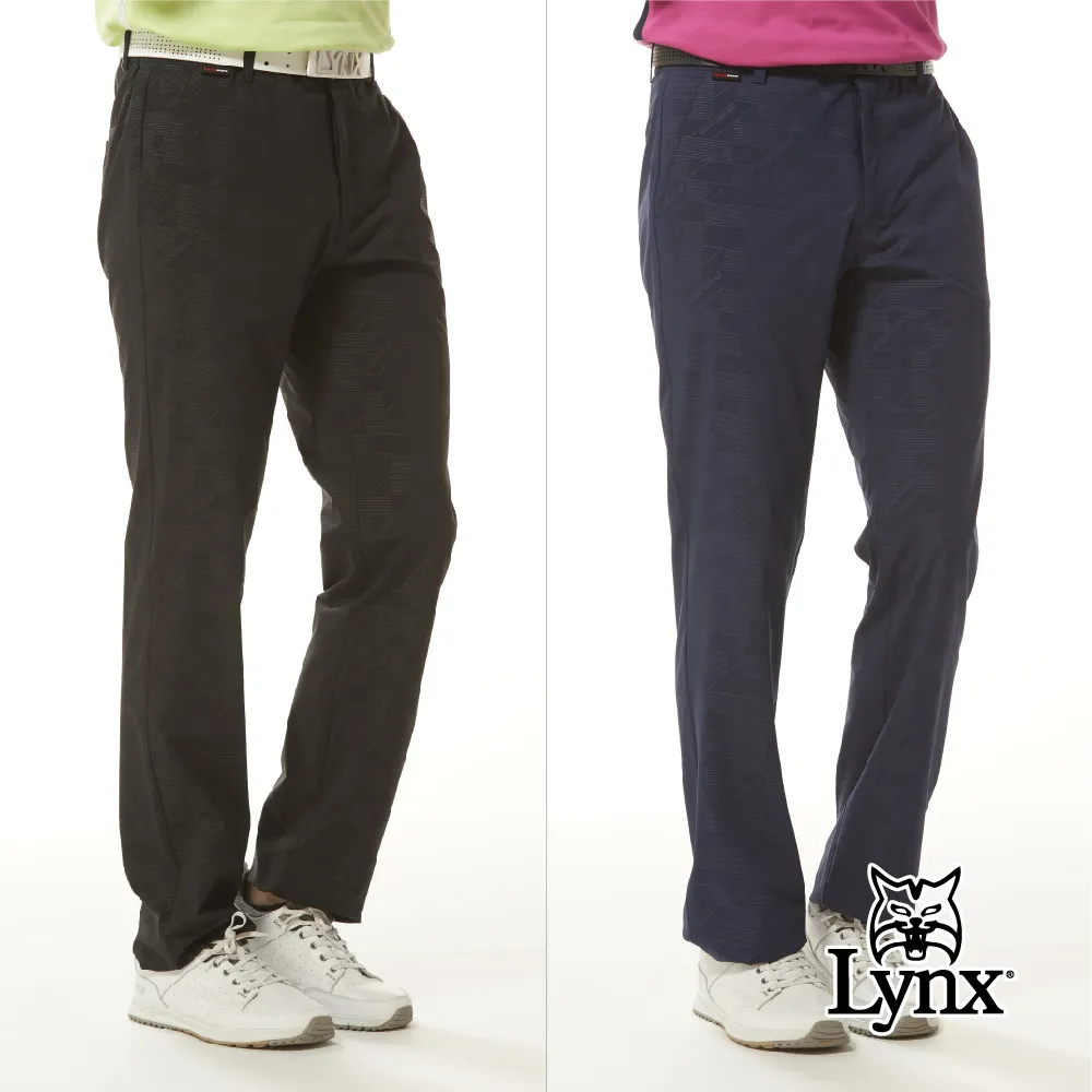 【Lynx Golf】男款防潑水四面彈性山貓雷射沖孔造型後腰印花剪接拉鍊口袋平口休閒長褲(二色) 歷史價格詳細信息