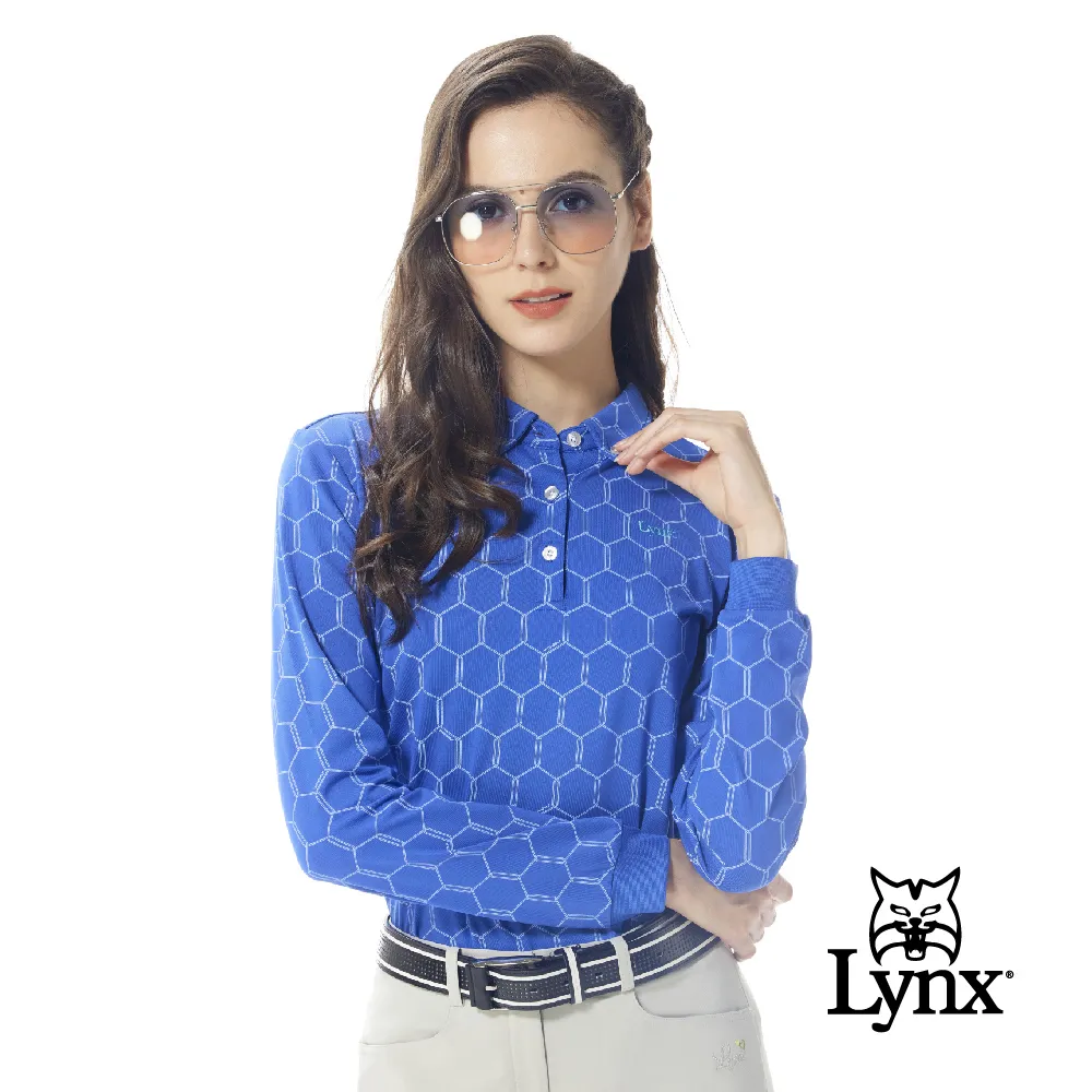 【Lynx Golf】女款吸濕排汗滿版創意線條組合Lynx字樣印花長袖立領POLO衫/高爾夫球衫-藍綠色 歷史價格詳細信息