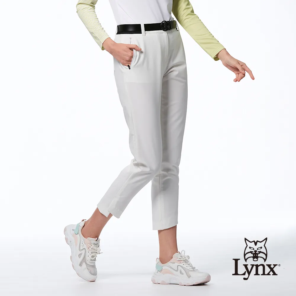 【Lynx Golf】女款彈性舒適布料口袋透氣織帶設計魔術方塊系列繡花窄管長褲-白色 歷史價格詳細信息