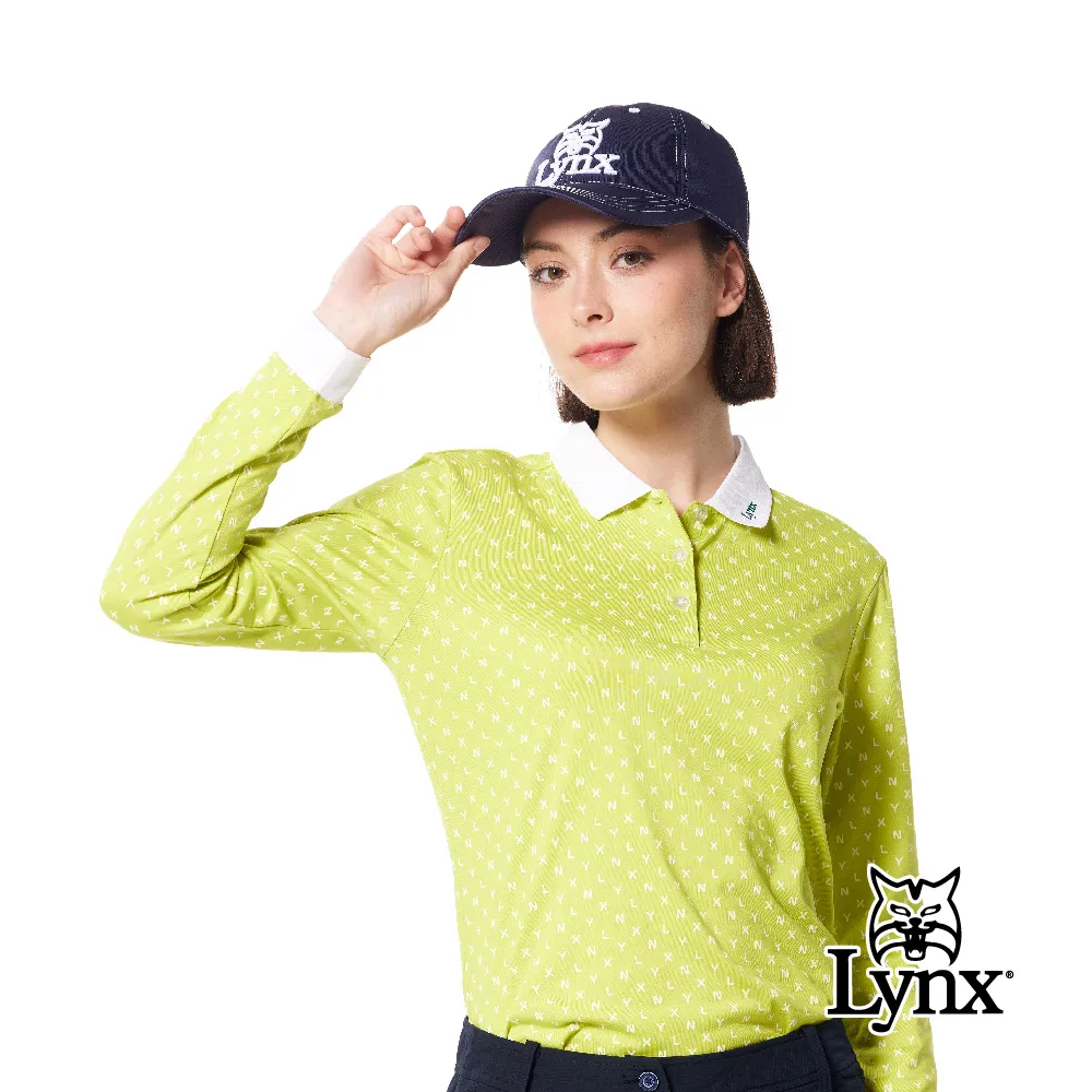【Lynx Golf】女款吸濕排汗滿版創意線條組合Lynx字樣印花長袖立領POLO衫/高爾夫球衫-藍綠色 歷史價格詳細信息