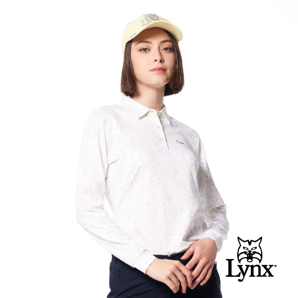 【Lynx Golf】女款吸濕排汗滿版創意線條組合Lynx字樣印花長袖立領POLO衫/高爾夫球衫-藍綠色 歷史價格詳細信息