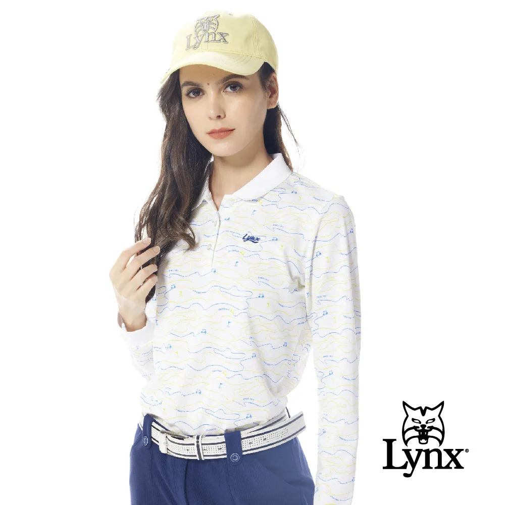 【Lynx Golf】女款吸濕排汗滿版創意線條組合Lynx字樣印花長袖立領POLO衫/高爾夫球衫-藍綠色 歷史價格詳細信息