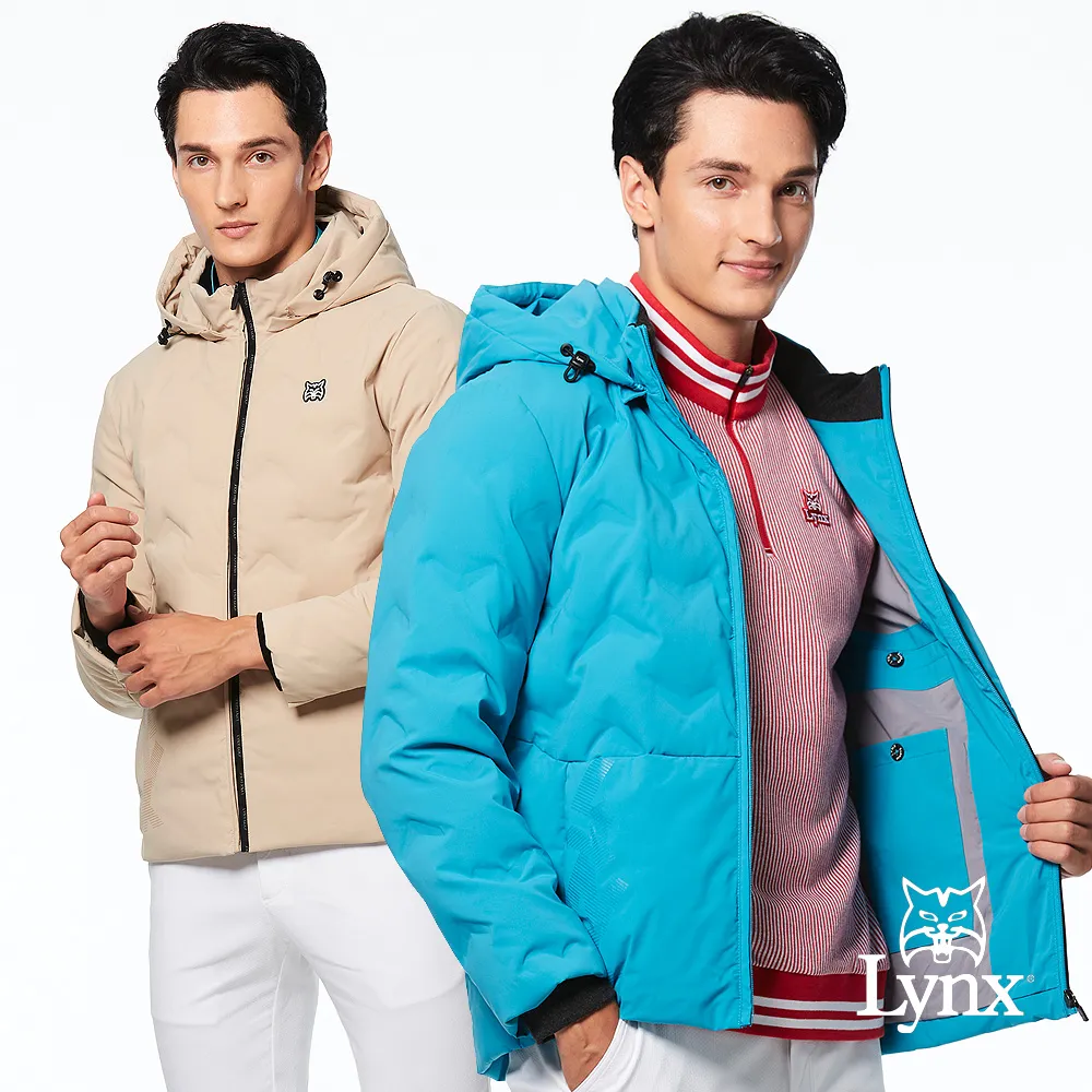 【Lynx Golf】男款保暖防風羽絨壓紋設計羅紋內領後背剪接印花拉鍊口袋長袖外套(三色) 歷史價格詳細信息