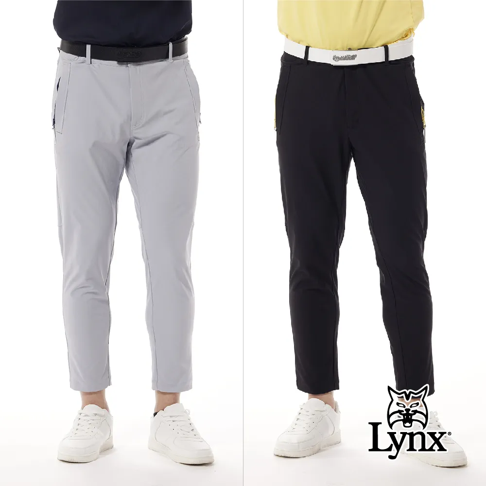 【Lynx Golf】男款防潑水彈性舒適Lynx字樣印花三色織帶剪接造型側袋設計平口休閒短褲(二色) 歷史價格詳細信息