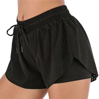 【OLRUN】雙層防走光網紗透氣女運動短褲 白 歷史價格詳細信息