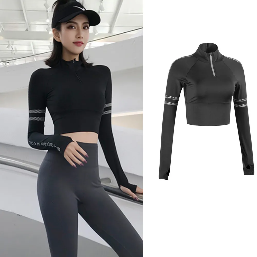 瑜伽長袖露肚上衣女跑步露腰T恤緊身運動健身短版上衣瑜伽訓練舞蹈普拉提速乾交叉長袖T恤 DST 歷史價格詳細信息