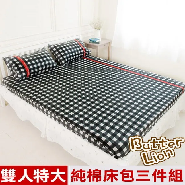 【奶油獅】格紋系列-台灣製造-100%精梳純棉床包三件組(黑)－雙人特大7尺 歷史價格詳細信息