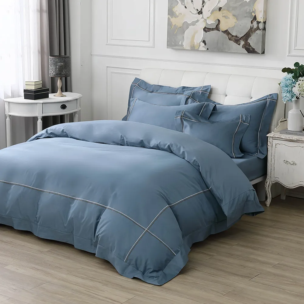 鴻宇 100%精梳棉 純色刺繡 迷霧藍 雙人四件式薄被套床包組 歷史價格詳細信息