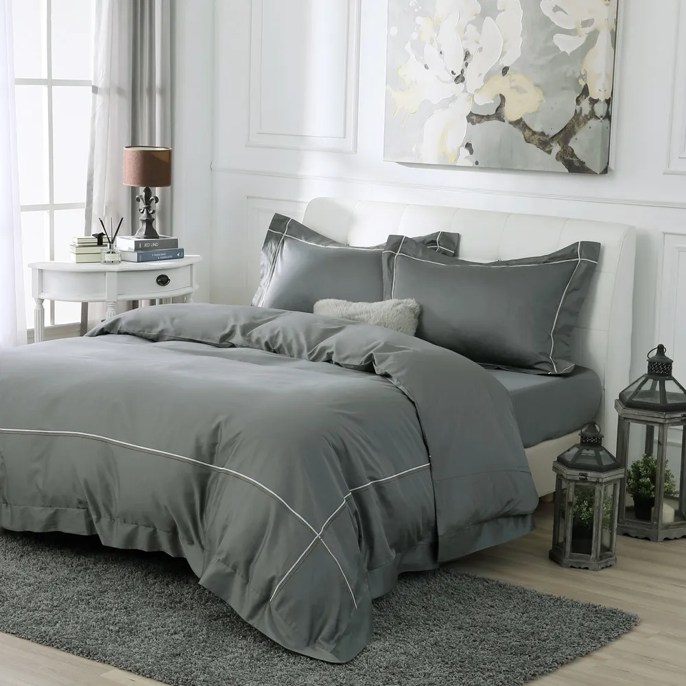 鴻宇 100%精梳棉 純色刺繡 迷霧藍 雙人四件式薄被套床包組 歷史價格詳細信息