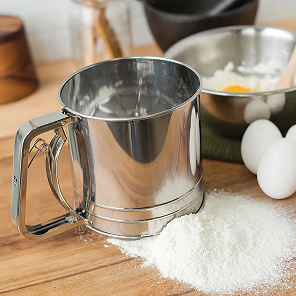 手壓式麵粉糖粉篩 半自動手持篩粉器 手動粉篩 過濾篩網(雙層款) 歷史價格詳細信息