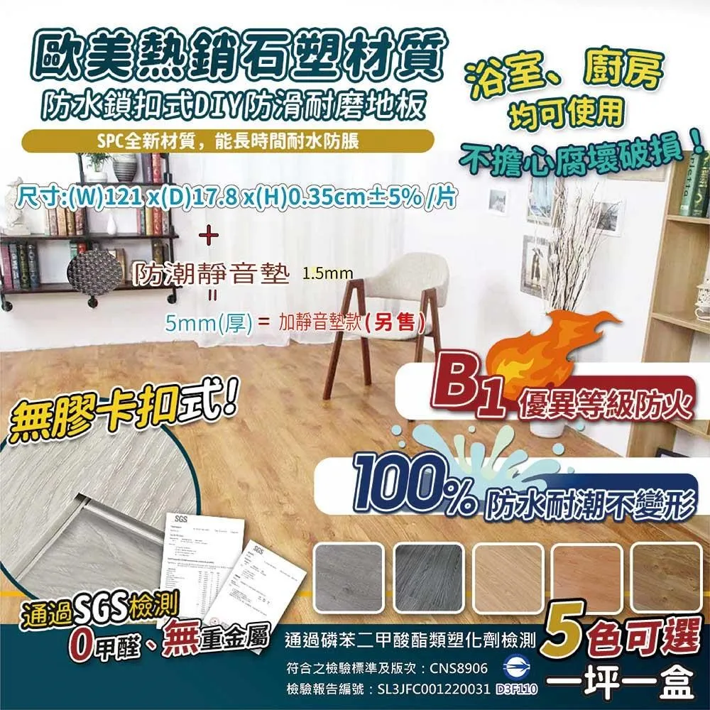 【家適帝】SPC卡扣超耐磨防滑地板 1盒(15片/1坪) 歷史價格詳細信息