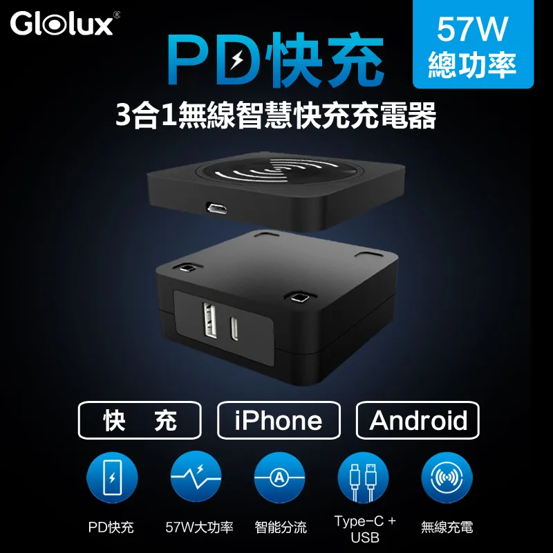 【Glolux】57W PD 三合一 無線智慧快充充電器(Type-C+USB-A+Micro)PW-4512 (黑) BSMI認證 歷史價格詳細信息