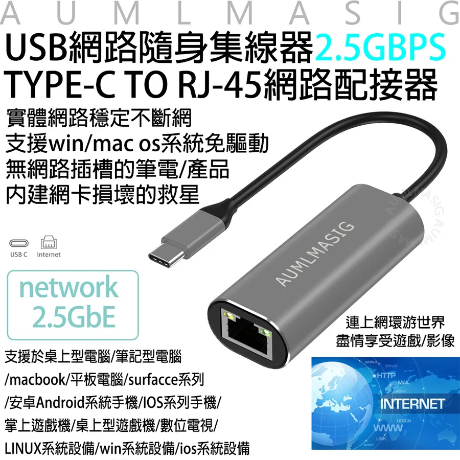【AUMLMASIG】USB-C 網路隨身集線器TYPE-C TO RJ-45 2.5GbE 筆電網卡損壞的救星 歷史價格詳細信息