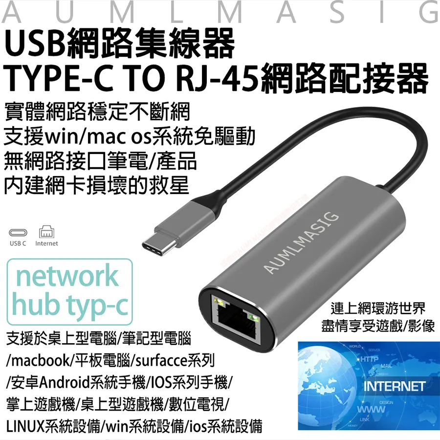 AUMLMASIG USB網路集線器TYPE-C TO RJ-45網路配接器 無網路接口筆電內建網卡損壞的救星 歷史價格詳細信息