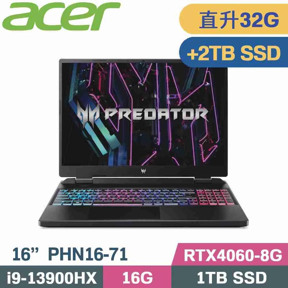 ACER PHN16-71-91QX(i9-13900HX/16G+16G/1TB+2TB SSD/RTX4060 8G/WIN11/WQXGA165Hz/16吋)特仕 歷史價格詳細信息