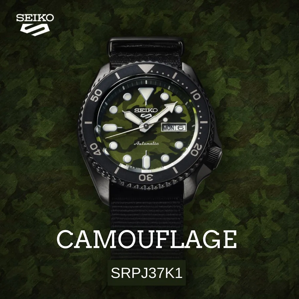 SEIKO 精工 / 4R36-13B0G / 5 Sports 機械錶 軍事風 日期 尼龍帆布手錶 迷彩綠x黑 42mm 歷史價格詳細信息