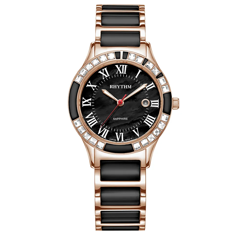 RHYTHM日本麗聲 歐式英倫款日期顯示陶瓷腕錶-黑/半陶瓷錶帶 歷史價格詳細信息