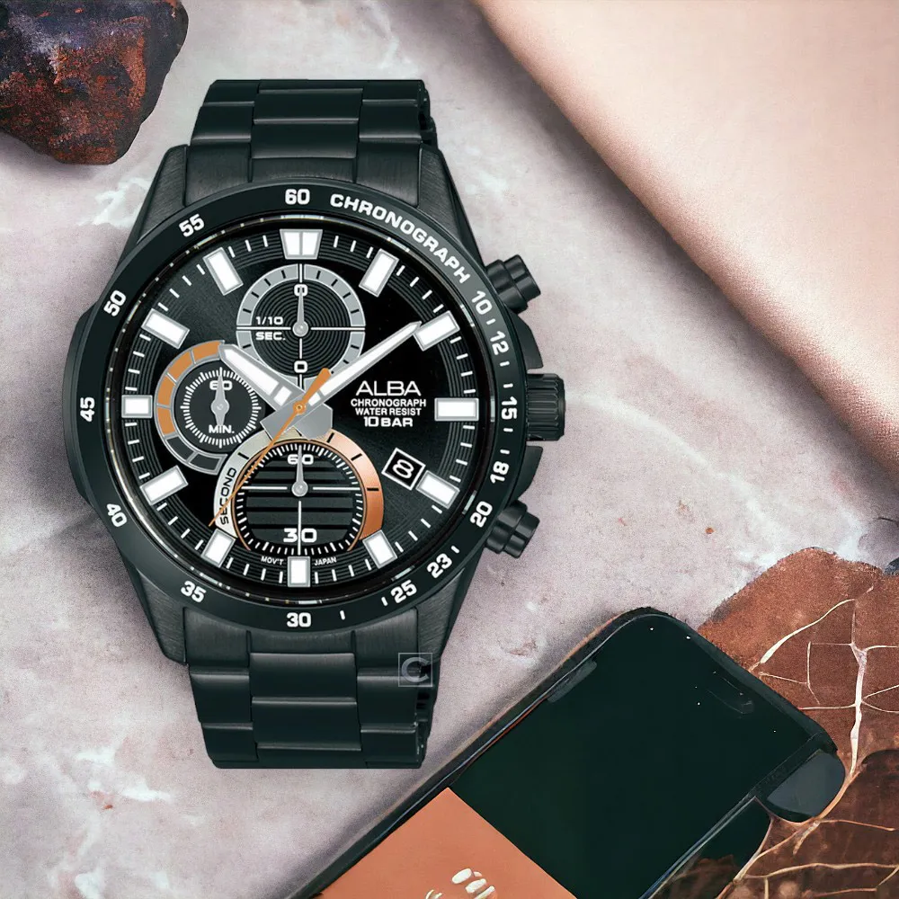ALBA / VD57-X071Y.AM3324X1 / 競速霸氣三環計時不鏽鋼手錶 黑金色 46mm 歷史價格詳細信息