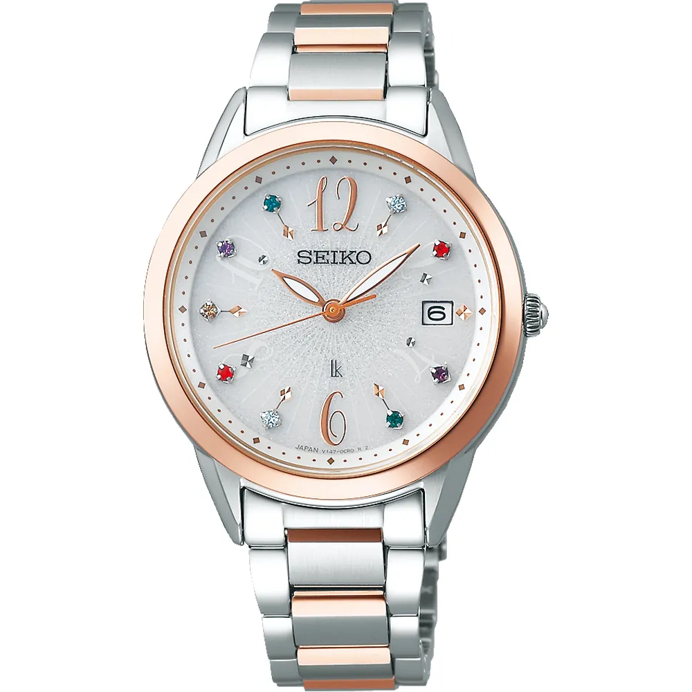 SEIKO 精工 / V147-0CR0KS.SUT396J1 / LUKIA 太陽能 鑽石 日期 不鏽鋼手錶 銀白x鍍香檳金 34mm 歷史價格詳細信息