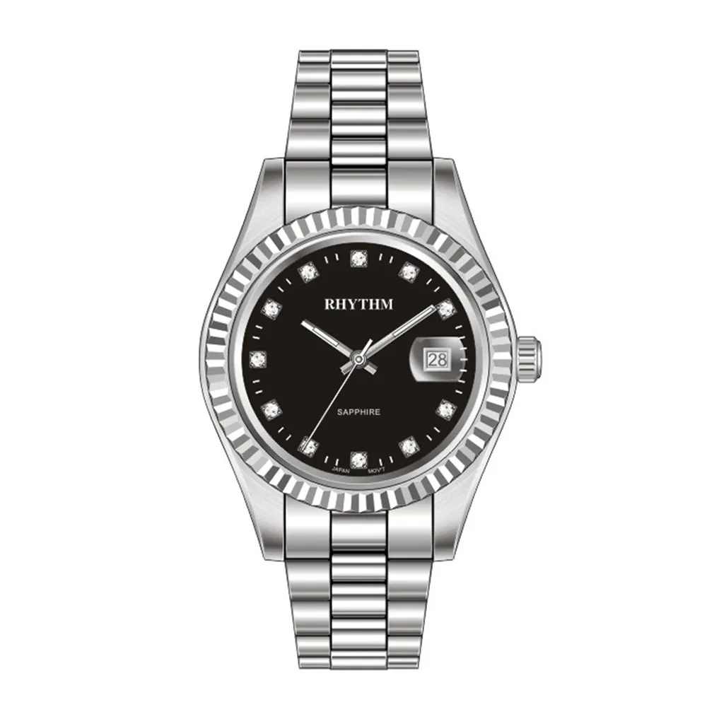 RHYTHM日本麗聲鐘 尊爵時尚日期顯示防水石英腕錶-黑/不鏽鋼錶帶 歷史價格詳細信息