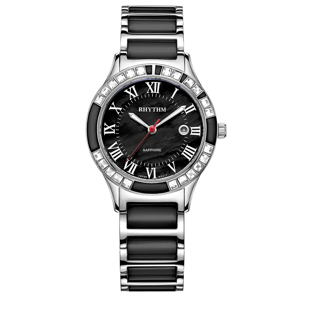 RHYTHM日本麗聲 歐式英倫款日期顯示陶瓷腕錶-黑/半陶瓷錶帶 歷史價格詳細信息