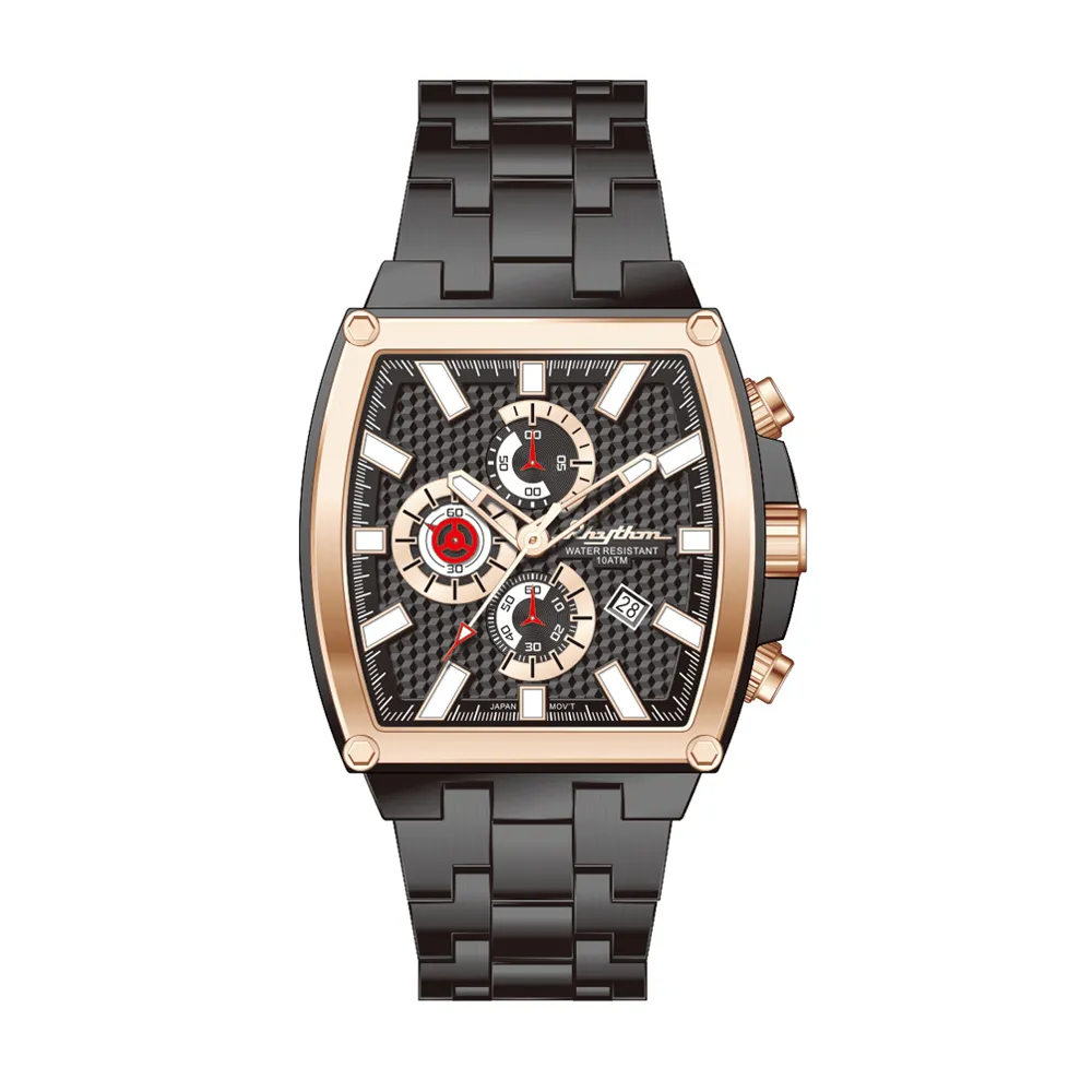 RHYTHM日本麗聲 防水100米分鐘印紋日期顯示石英腕錶-黑金/不鏽鋼錶帶 歷史價格詳細信息