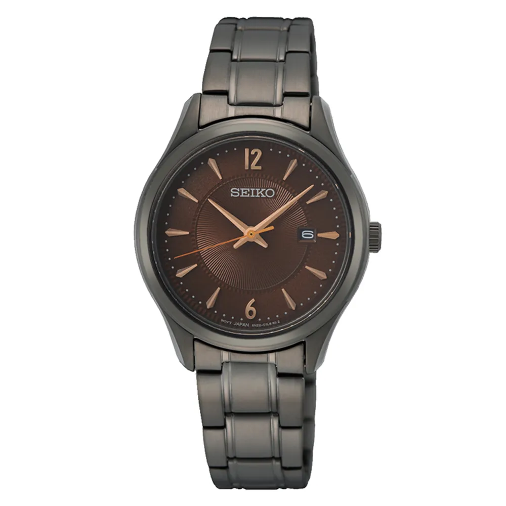 SEIKO 精工 / 6N22-00N0U.SUR521P1 / 簡約時尚 放射紋錶盤 日期 不鏽鋼手錶 棕x鍍黑 30mm 歷史價格詳細信息
