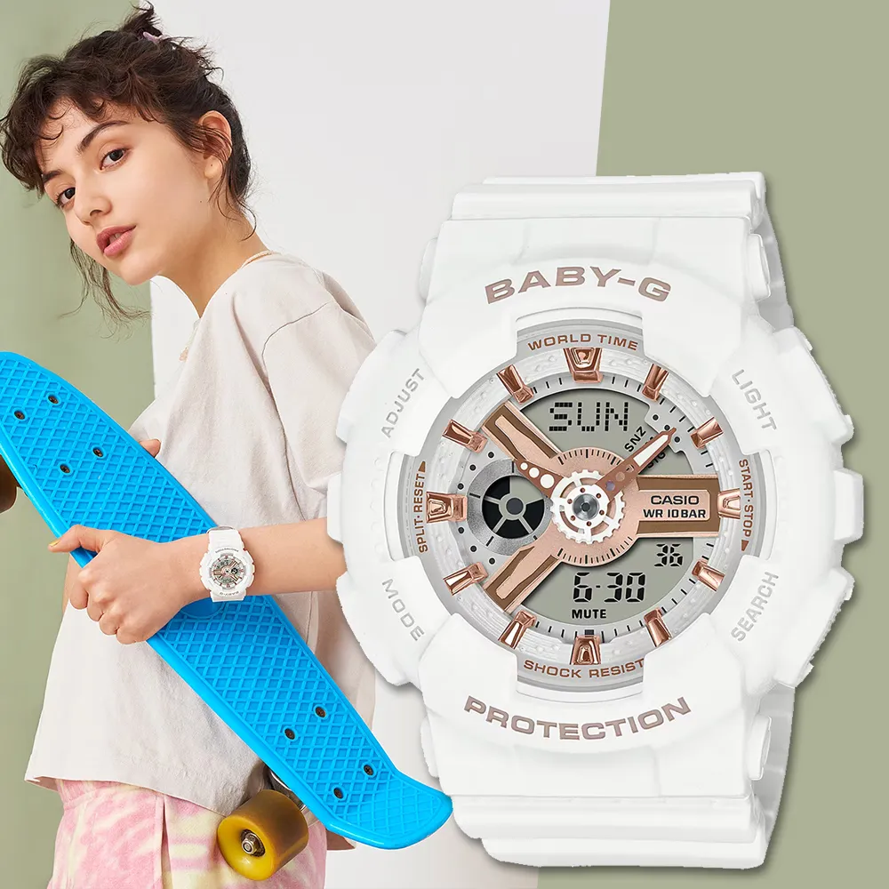 Baby-G CASIO / BA-110RG-7A / 卡西歐 雙顯 帥氣甜美 計時碼錶 運動 橡膠手錶 玫瑰金x白 43mm 歷史價格詳細信息
