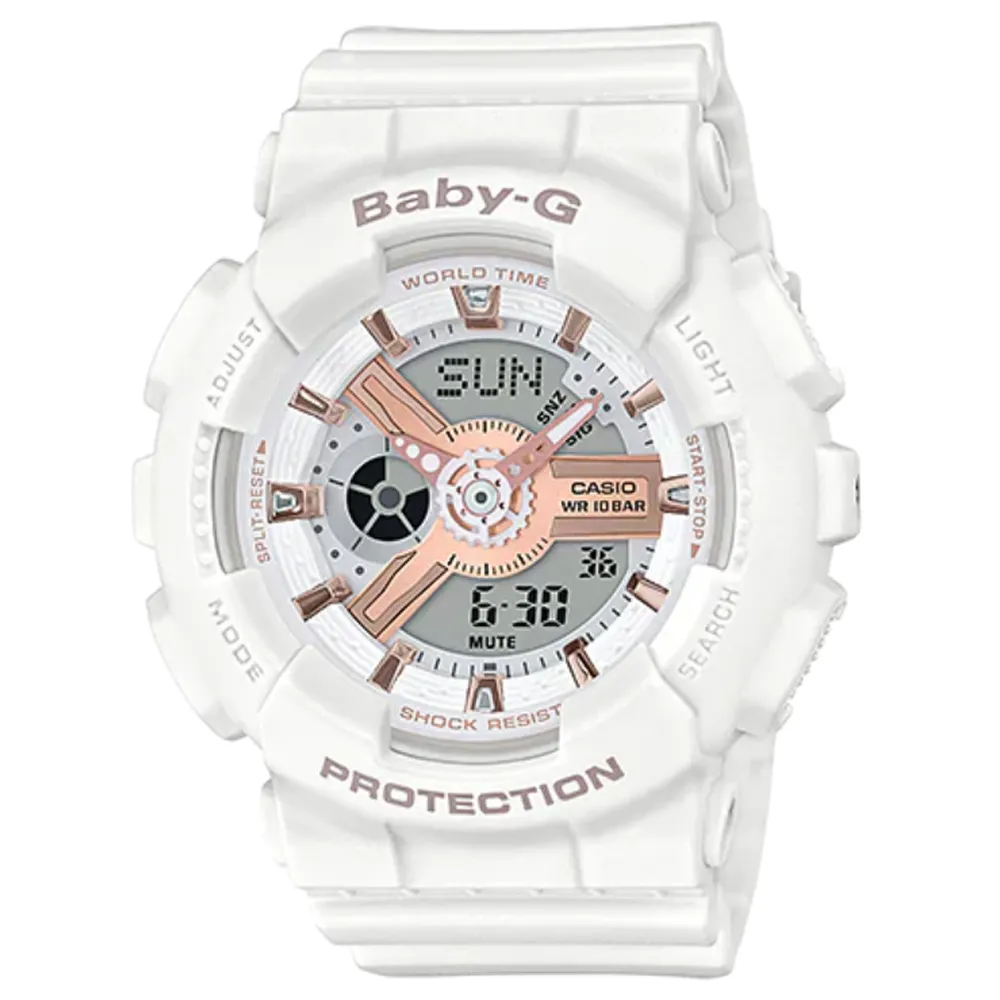 Baby-G CASIO / BA-110RG-7A / 卡西歐 雙顯 帥氣甜美 計時碼錶 運動 橡膠手錶 玫瑰金x白 43mm 歷史價格詳細信息