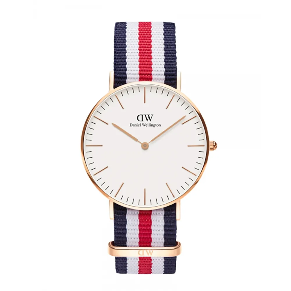【Daniel Wellington】藍白粉紅帆布時尚女錶-銀框/36mm(0605DW) 歷史價格詳細信息