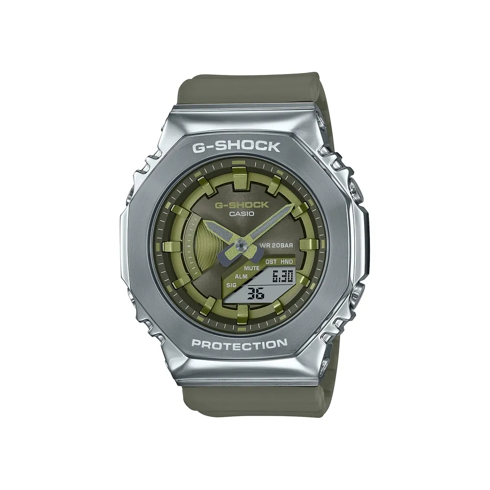 【CASIO 卡西歐】G-SHOCK 八角金屬錶殼 雙顯手錶-灰x綠_GM-2100B-3A_44.4mm 歷史價格詳細信息