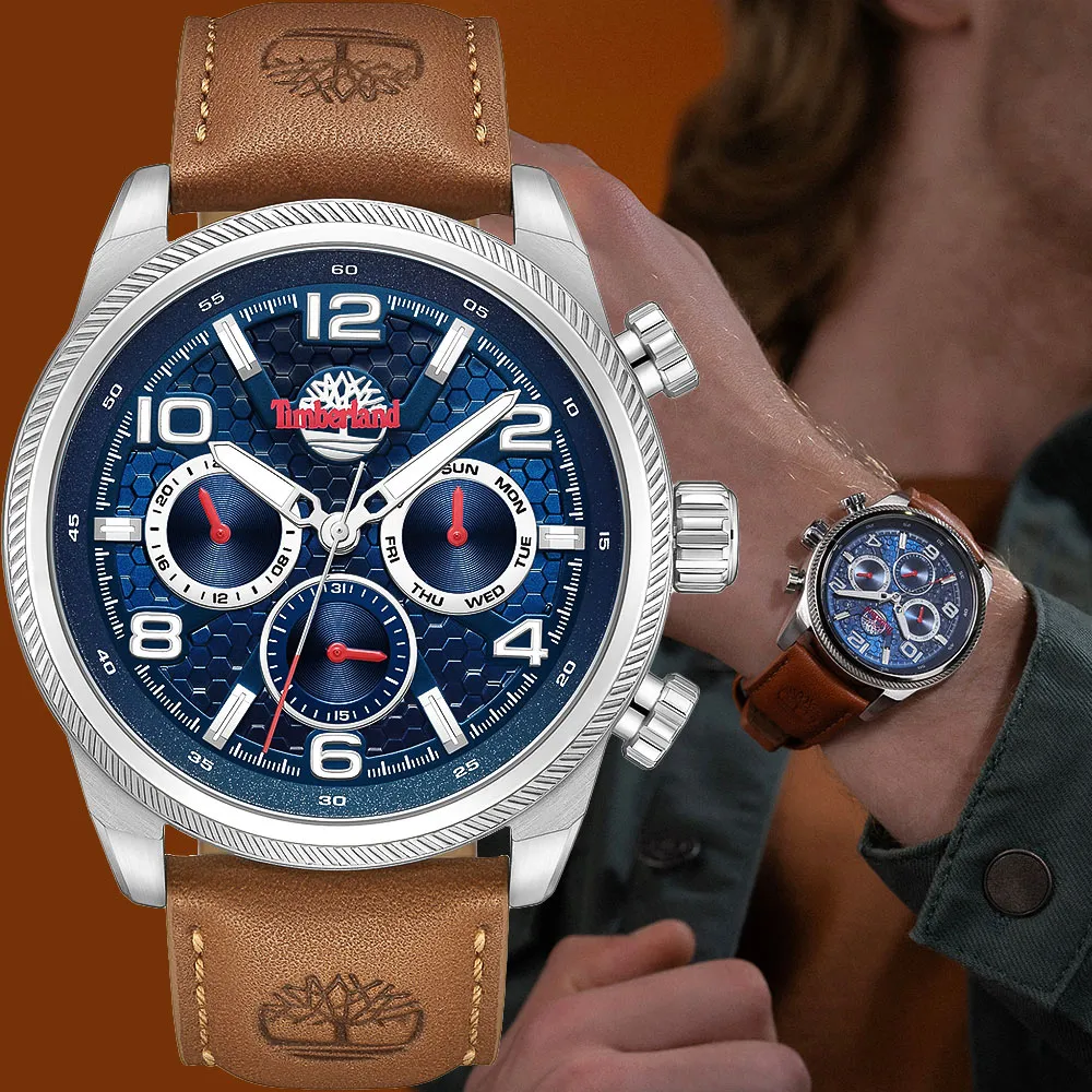 Timberland 男錶HENNIKER II系列 三眼多功能腕錶 皮帶-藍/駝色46mm(TDWGF0028702) 歷史價格詳細信息