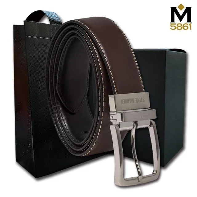 【Steve Madden】男皮帶 皮帶 雙面雙色 經典LOGO設計 黑銀扣頭／黑+咖 (SML) 歷史價格詳細信息