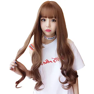 【幸福揚邑】甜美韓風齊瀏海波浪長卷髮美拍直播造型必備女用整頂假髮-亞麻黃 歷史價格詳細信息