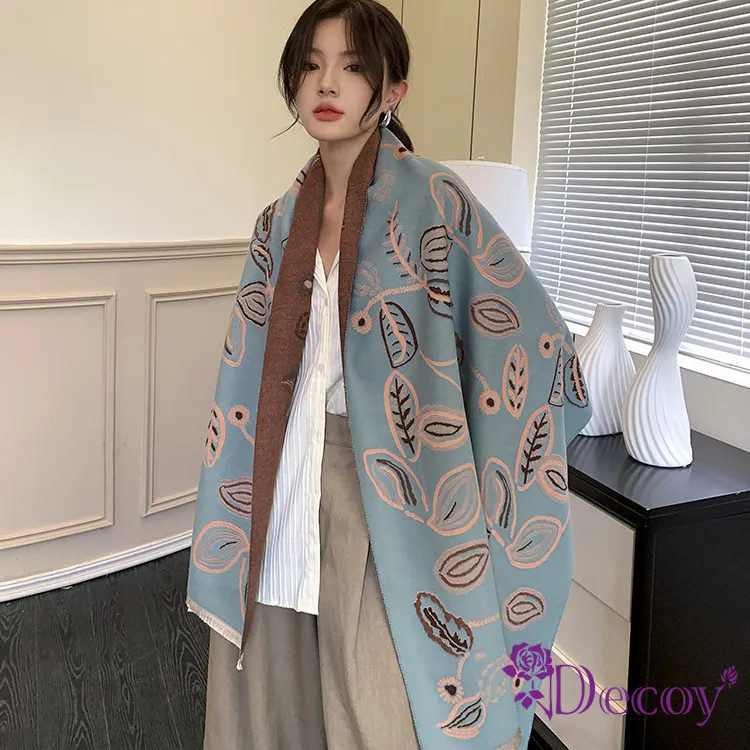 【Decoy】葉片印花＊撞色加大流蘇披肩圍巾 歷史價格詳細信息