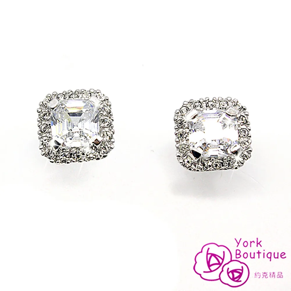 【約克精品】名媛百搭方晶鋯石包銠金鈦金屬針式耳環(SGS認證) 歷史價格詳細信息
