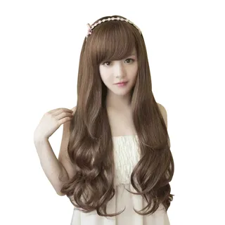 【幸福揚邑】斜瀏海中長捲髮網紅網美自拍直播約會造型顯瘦梨花頭大波浪女整頂假髮 歷史價格詳細信息