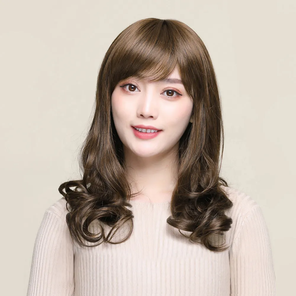 【幸福揚邑】梨花頭甜美可愛齊瀏海中長微卷髮美拍直播造型必備女用整頂假髮-淺棕 歷史價格詳細信息