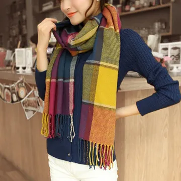 【幸福揚邑】百搭情侶羊絨質感格紋保暖圍巾/披肩-紅藍細格 歷史價格詳細信息