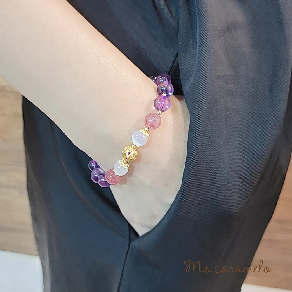【焦糖小姐 Ms caramelo】草莓晶水晶手鍊 草莓粉晶&灰月光石 少女心 歷史價格詳細信息