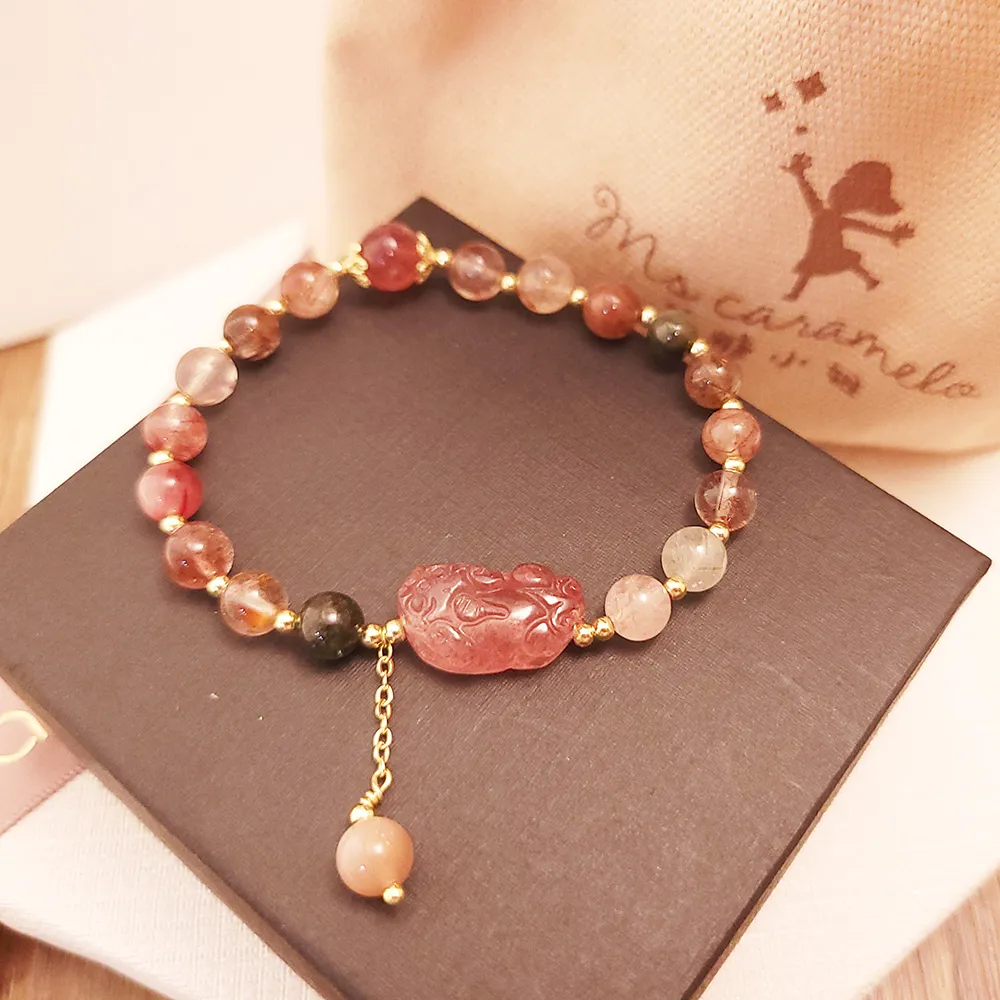 【焦糖小姐 Ms caramelo】草莓晶水晶手鍊 草莓粉晶&灰月光石 少女心 歷史價格詳細信息