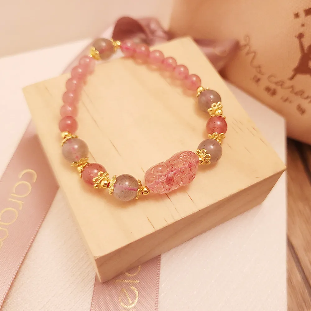 【焦糖小姐 Ms caramelo】草莓晶水晶手鍊 草莓粉晶&灰月光石 少女心 歷史價格詳細信息