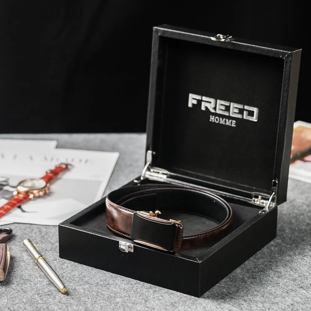 【FREED】簡約都市金屬G商務休閒頭層牛皮自動皮帶 - 黑色 歷史價格詳細信息