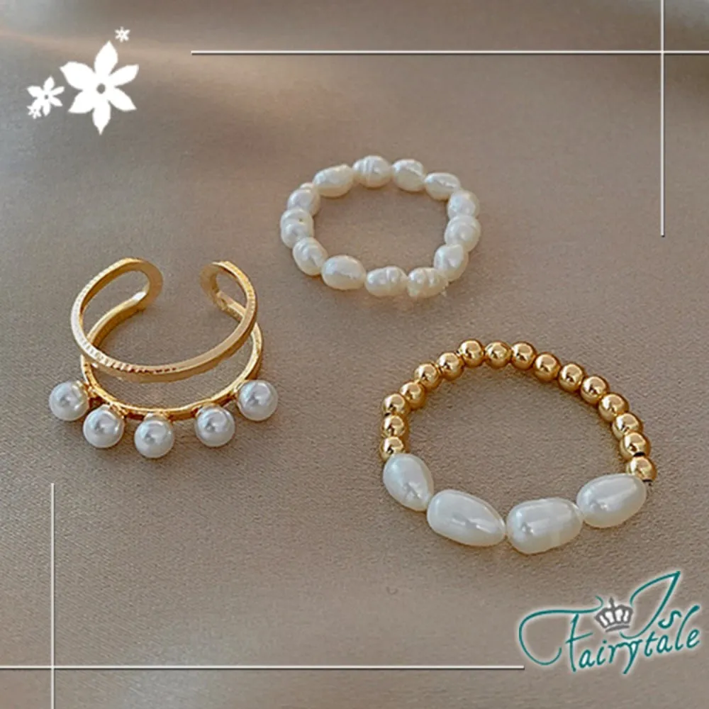 【伊飾童話】珍珠金繽＊彈性開口魚線戒指三件組 歷史價格詳細信息