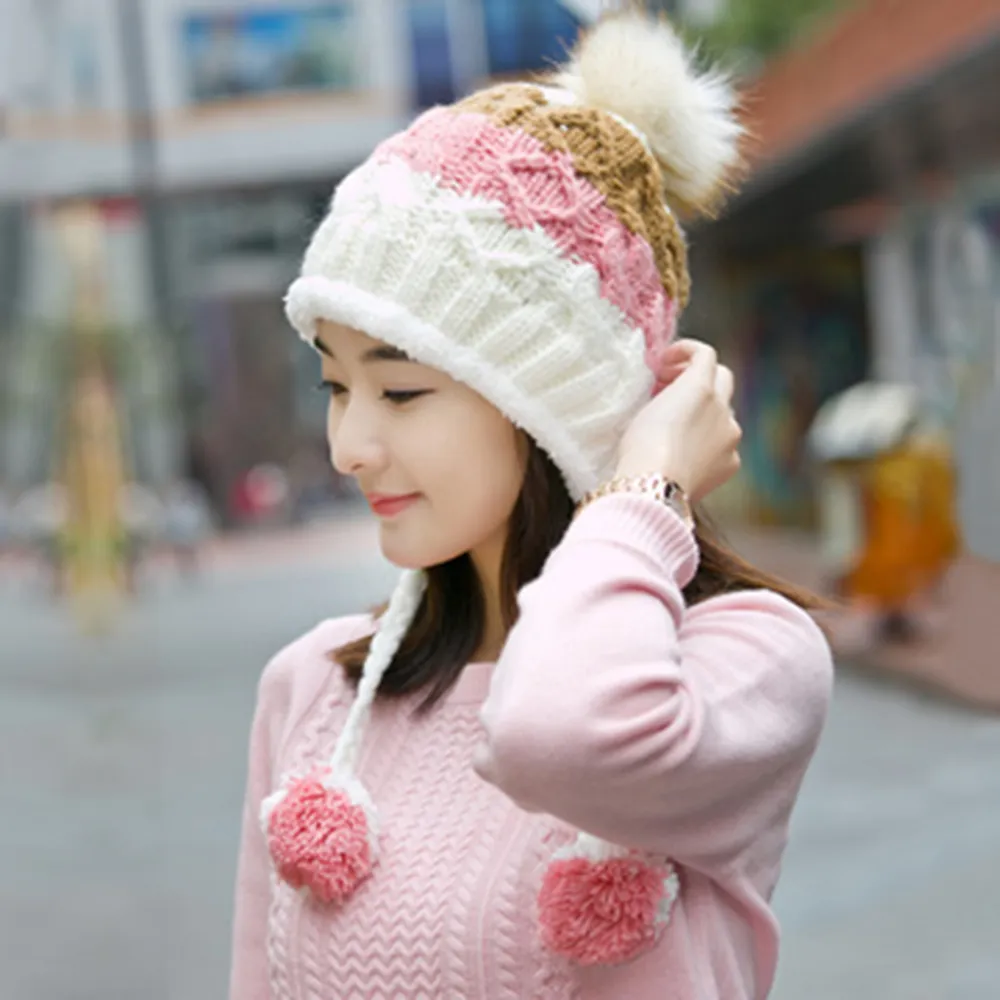 【幸福揚邑】雙吊球造型雙層保暖護耳小顏拚色毛球針織毛線帽-粉 歷史價格詳細信息