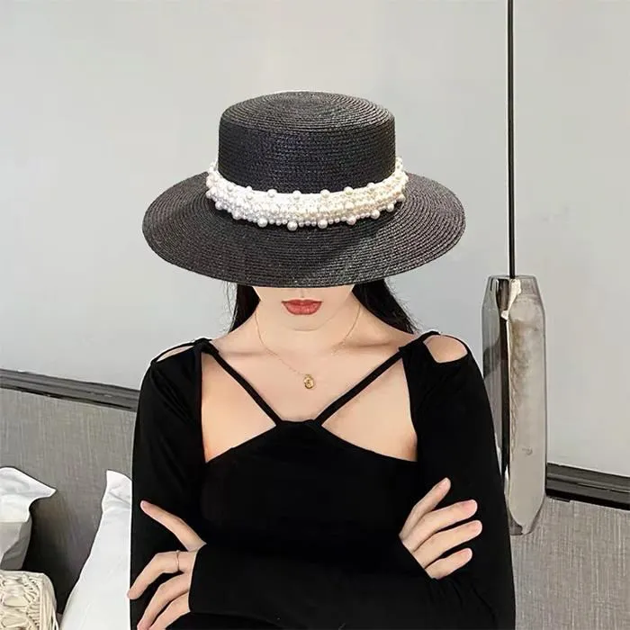 草帽法式優雅綢帶蝴蝶結珍珠草帽子女夏季圓頂海邊出游遮陽百搭禮帽潮 新品 歷史價格詳細信息