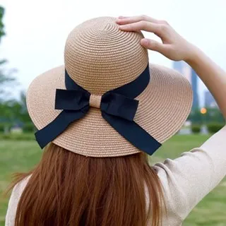 時尚優雅蝴蝶結波浪邊草帽女夏天出遊防曬太陽帽海邊百搭沙灘帽子  滿300發貨 歷史價格詳細信息