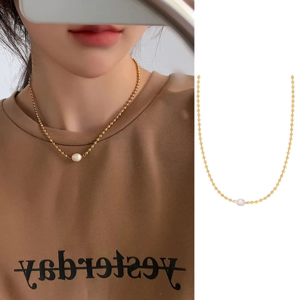 法式鈦鋼鍍18K金女款項鍊 簡約 珍珠 玫瑰花朵 輕奢 優雅 名媛風 鎖骨鏈 女士 送禮  飾品禮物（滿599免運） 歷史價格詳細信息