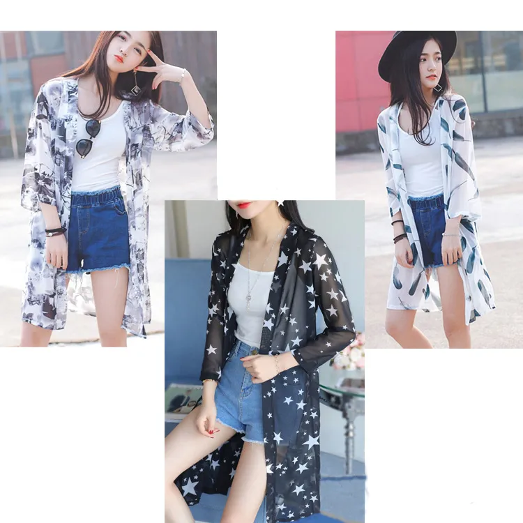 【Decoy】雪紡印花＊七分袖防曬輕薄罩衫外套/藍色海棠 歷史價格詳細信息