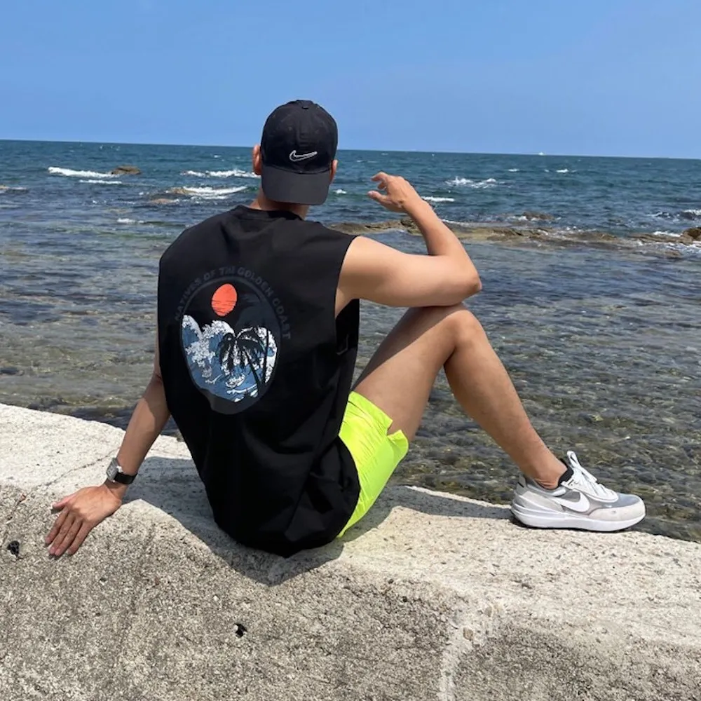 【AMERO】男女款 圓領無袖背心 海波浪浮世繪印花 寬鬆版型 情侶裝 歷史價格詳細信息